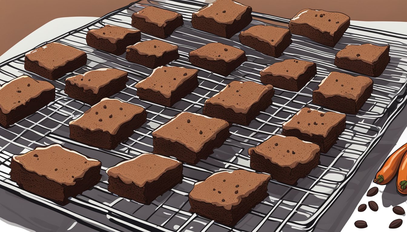 A batch of Ancho Chile Brownies cooling on a wire rack, surrounded by scattered cocoa powder and whole ancho chiles