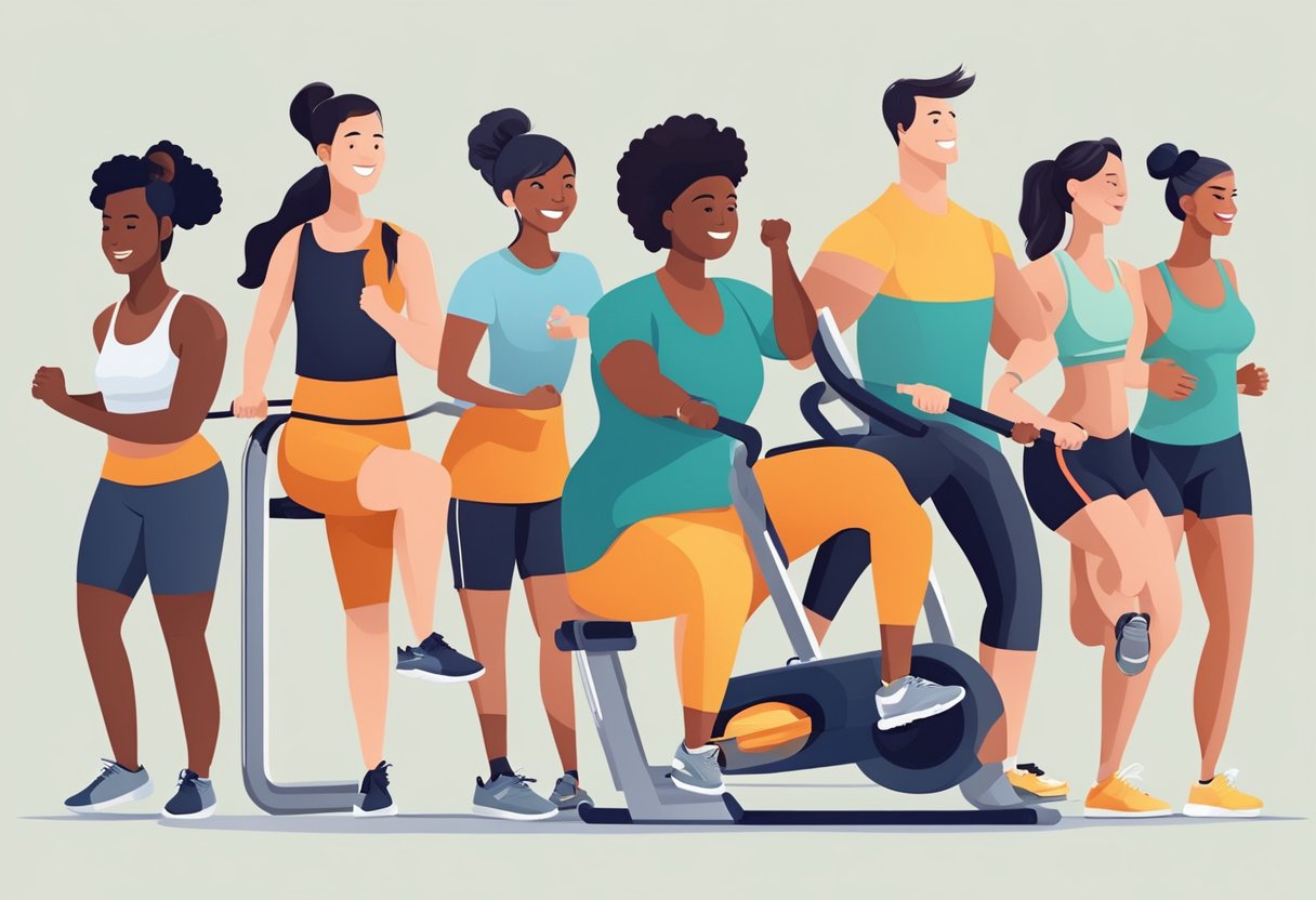 A group of diverse friends engage in various fitness activities together, representing different life stages