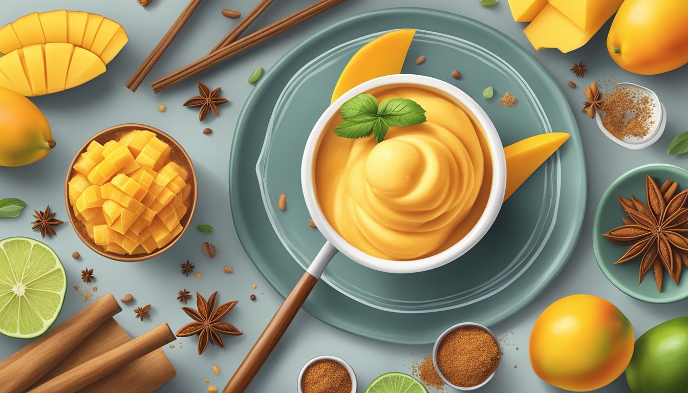 A scoop of chipotle mango sorbet surrounded by Texan sweet heat spices and fresh mango slices, evoking the exploration of spicy desserts and sweets