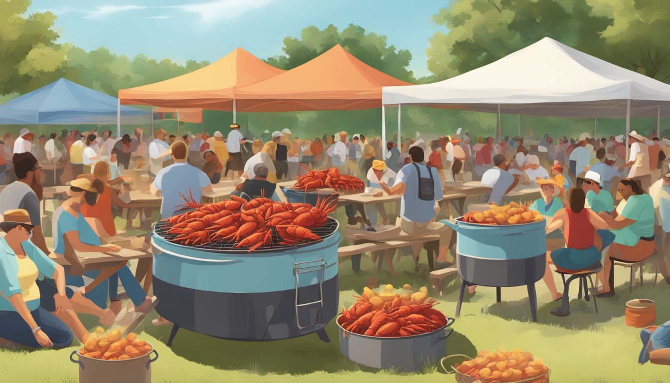 A bustling outdoor crawfish boil with steaming pots, picnic tables, and lively music under a sunny Texas sky