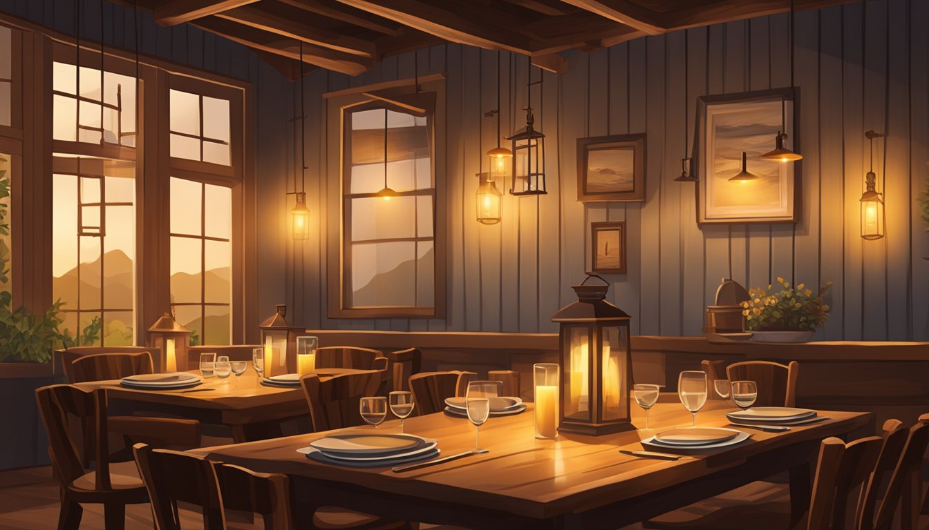 A cozy, dimly lit dining room with rustic wooden tables, soft candlelight, and a warm ambiance