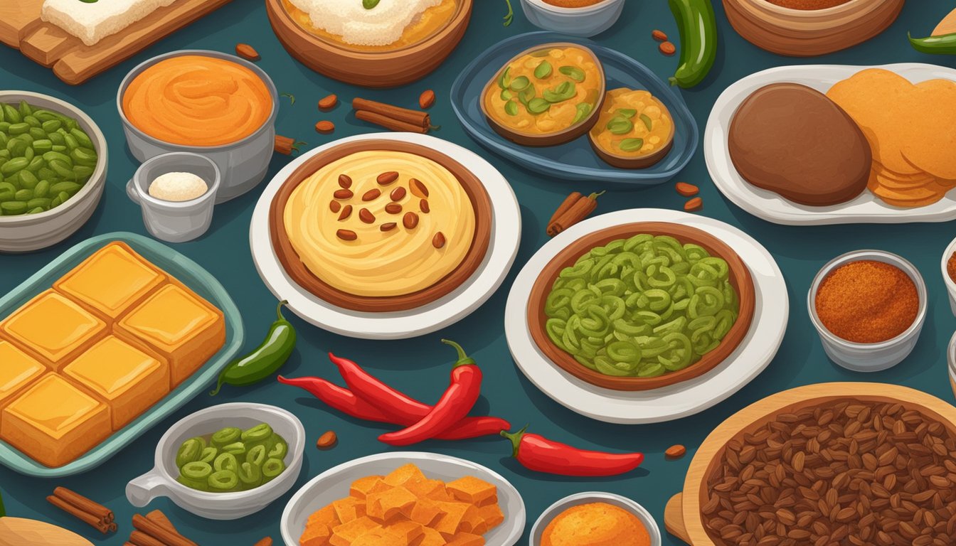 A colorful display of spicy desserts and sweets, featuring unique Texan ingredients like jalapenos, cayenne, and cinnamon