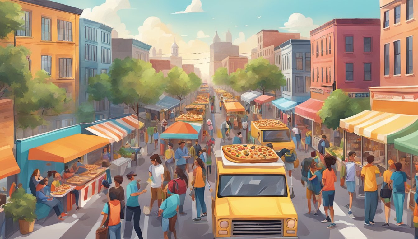 A bustling street with colorful food trucks and a crowd of people enjoying pizza from Home Slice