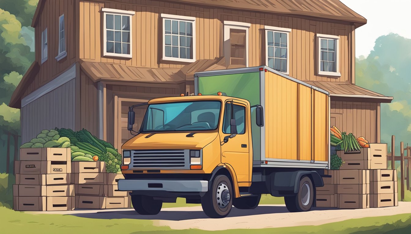 A delivery truck parked outside a farmhouse, with crates of fresh produce being unloaded by a driver wearing a mask