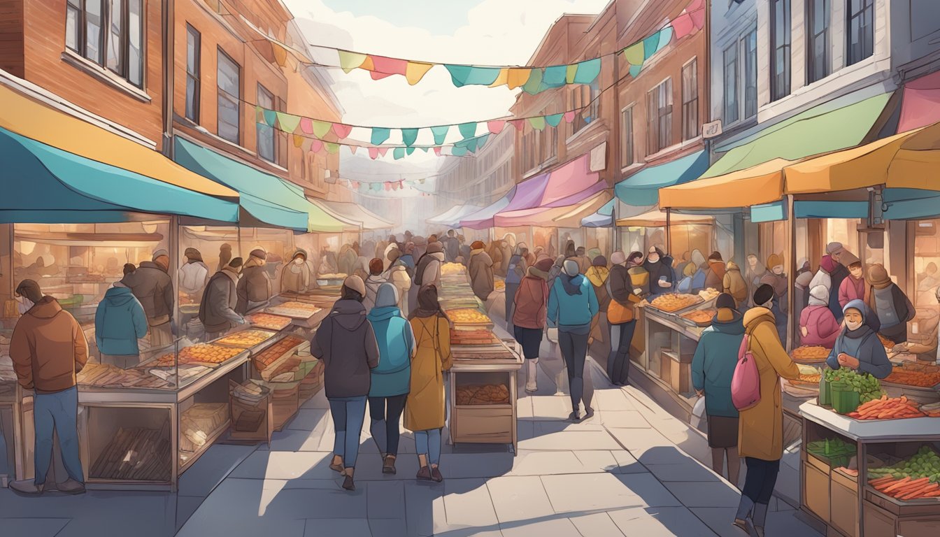 A bustling street food market with colorful food stalls and a crowd of people enjoying the aroma and flavors of Snow's BBQ