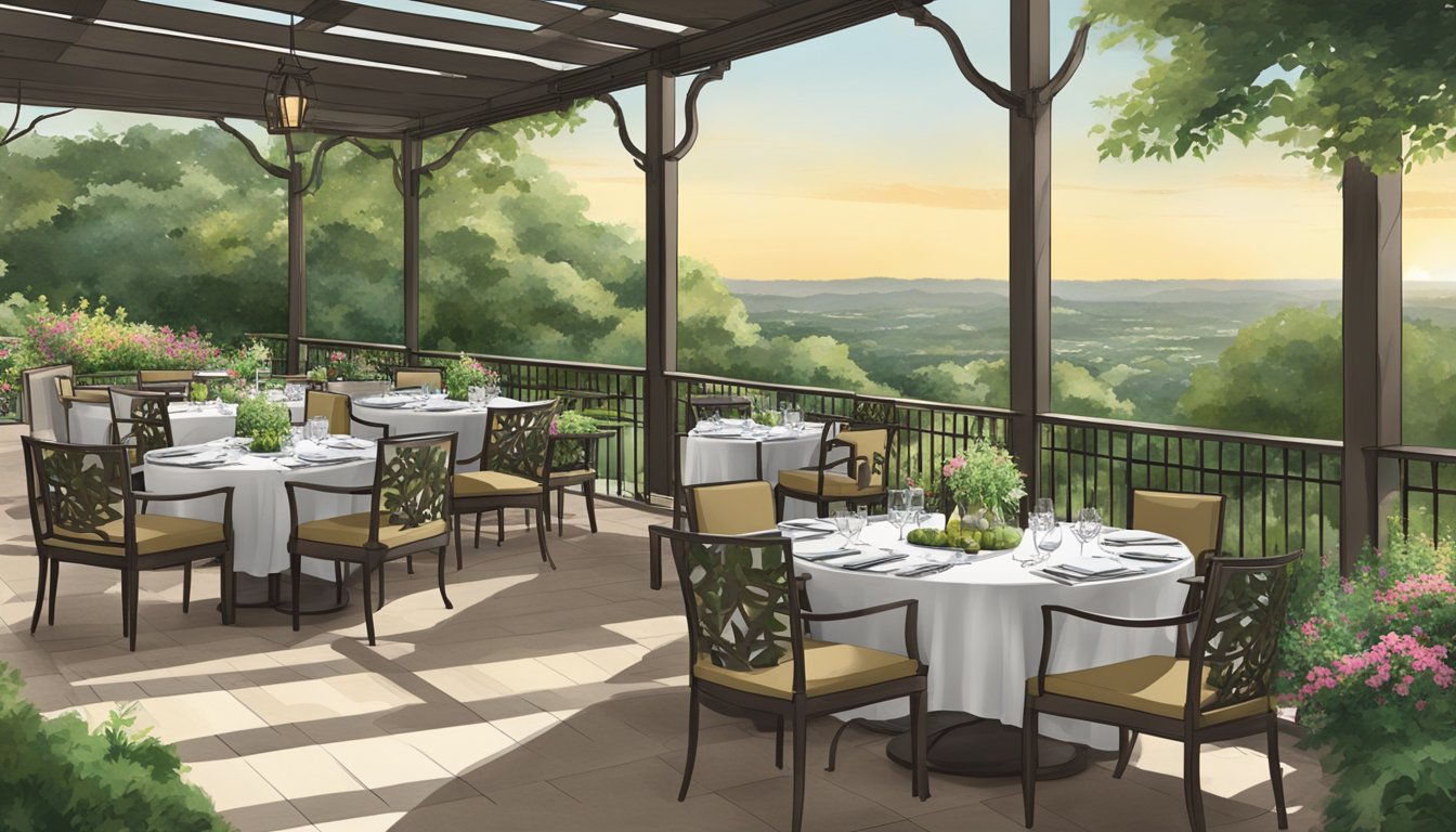 A scenic outdoor dining area at La Cantera Resort & Spa in San Antonio, Texas, with lush greenery, elegant patio furniture, and a view of the surrounding landscape