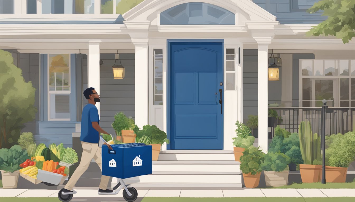 A stack of Blue Apron boxes outside a San Antonio home, with fresh produce spilling out and a delivery person walking away