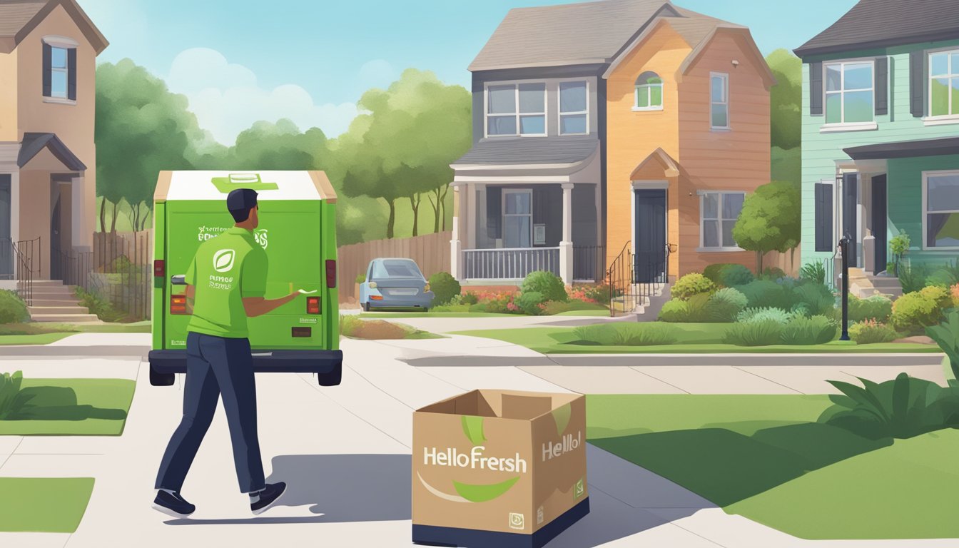 A delivery person dropping off a HelloFresh box at a doorstep in San Antonio, with other houses in the background