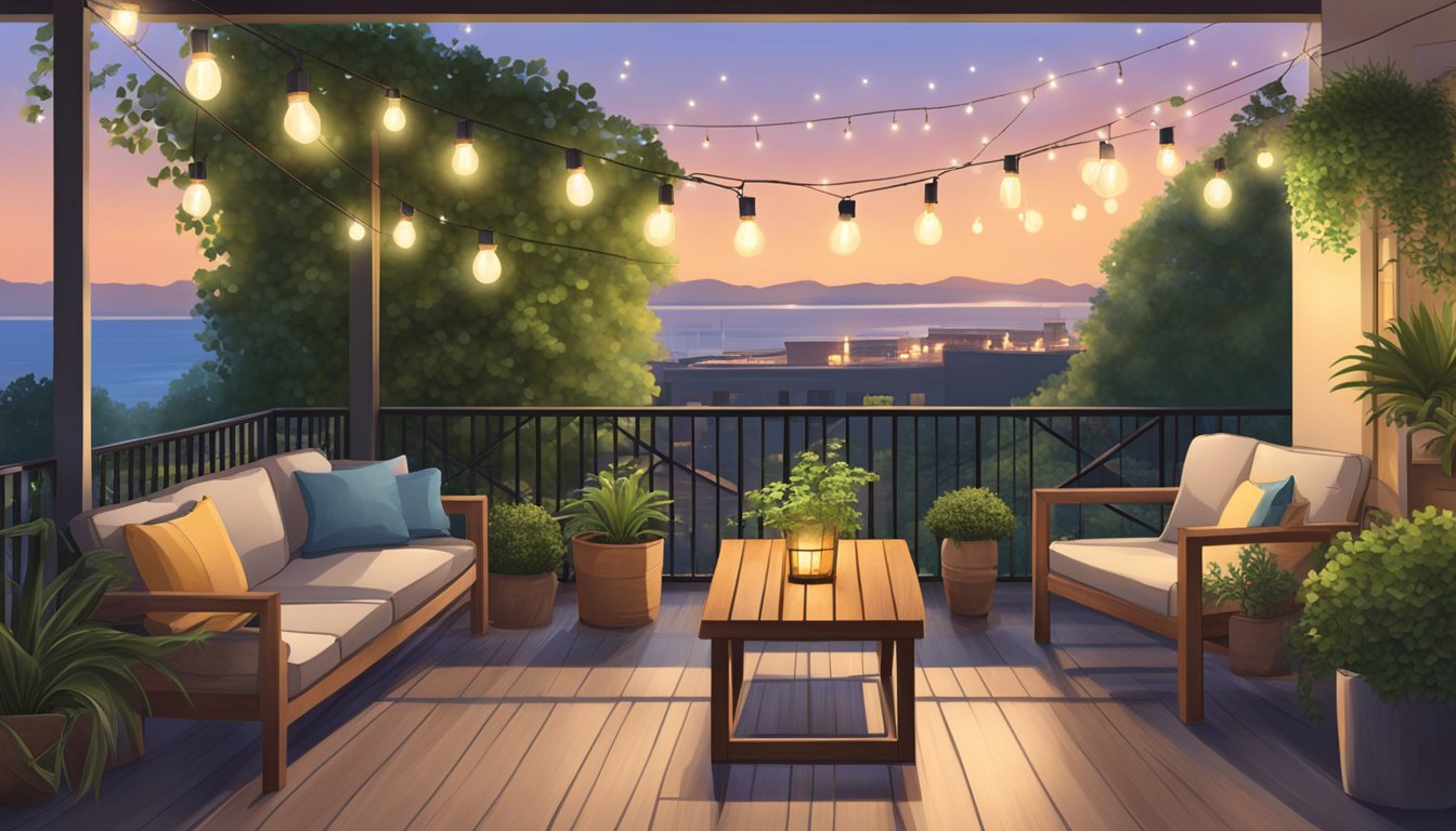 A cozy outdoor patio with string lights, wooden tables, and potted plants, surrounded by lush greenery and overlooking a scenic view of Galveston