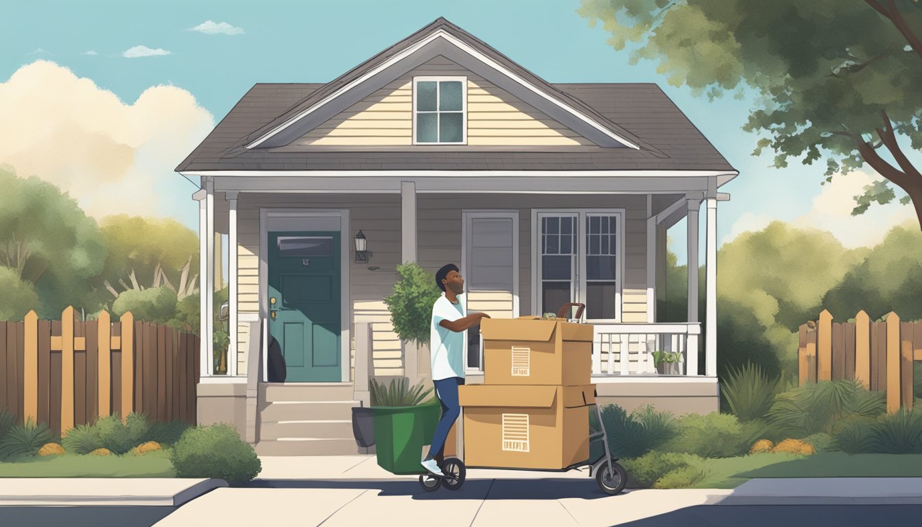 A delivery person dropping off a Sunbasket box at a doorstep in San Antonio, with other houses in the background and a stay-at-home order in effect