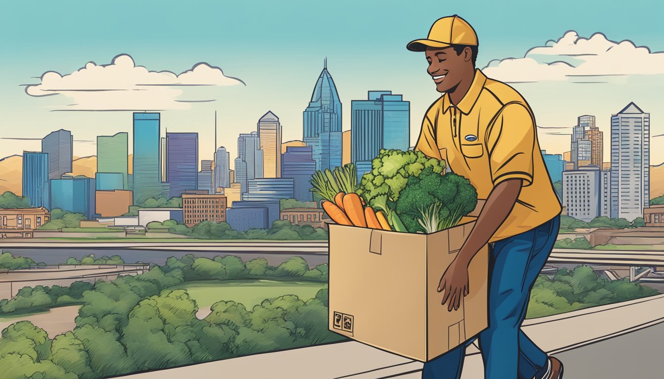 A delivery person dropping off a box of fresh food at a doorstep in San Antonio, with the city skyline in the background