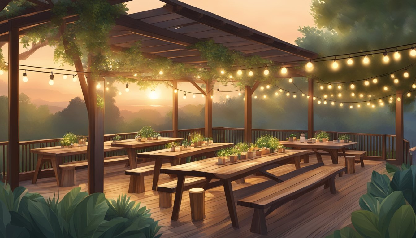 A rustic, open-air dining area with string lights and wooden tables, surrounded by lush greenery and a warm Texas sunset