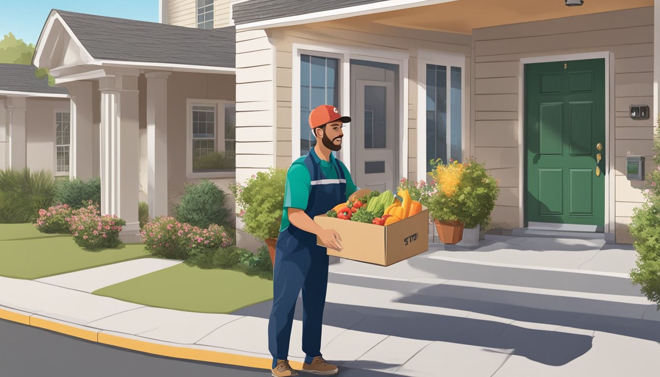 A delivery person dropping off a box of fresh food at a doorstep in San Antonio, with a stay-at-home order sign visible in the background