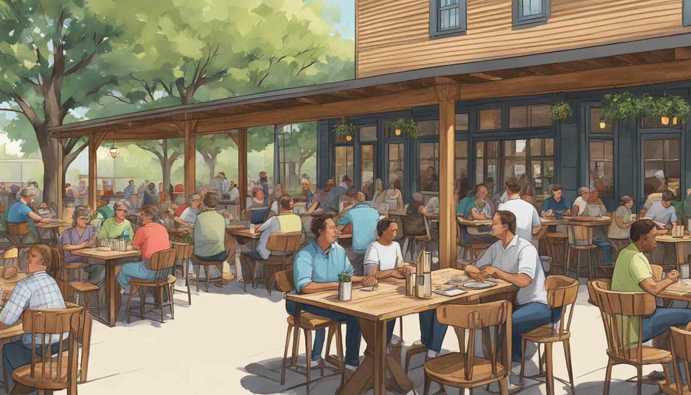 A bustling outdoor patio at Pecan Lodge in Dallas, surrounded by rustic wooden tables and chairs, with diners enjoying a barbecue feast under the Texas sun