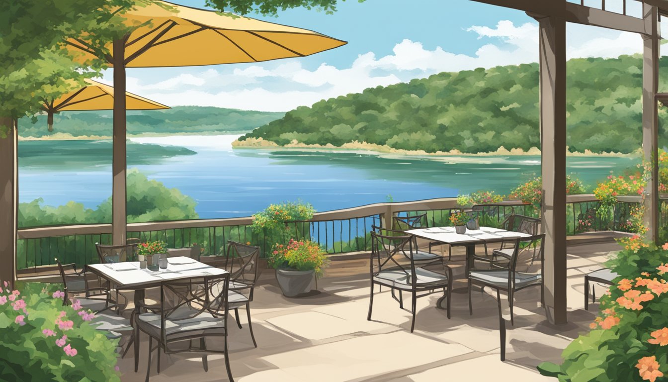 A lakeside patio nestled among lush greenery, with tables set for outdoor dining and a view of Lake Travis stretching out into the horizon