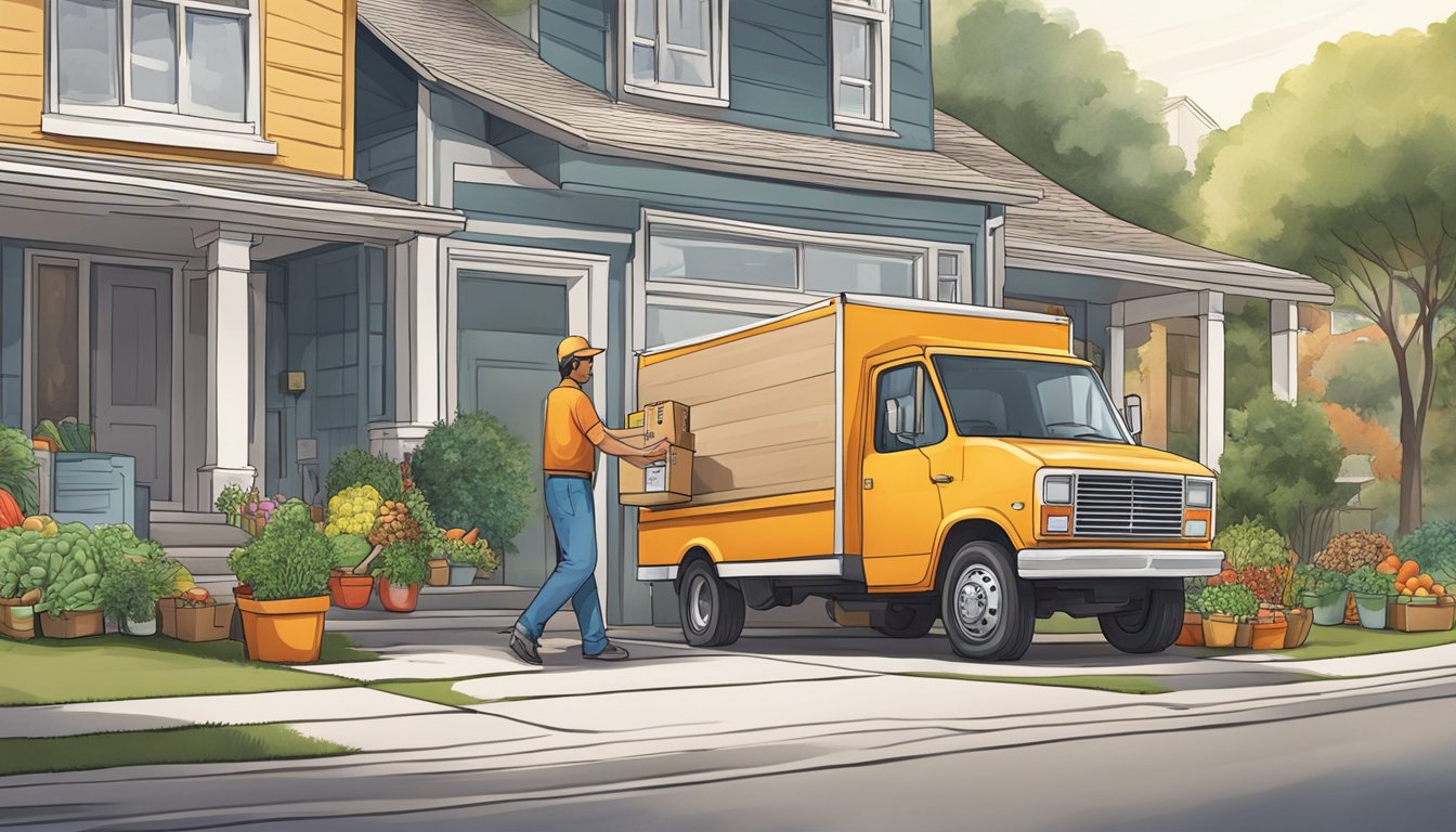 A delivery truck parked outside a home, with a box of fresh produce being handed over to a customer through the front door