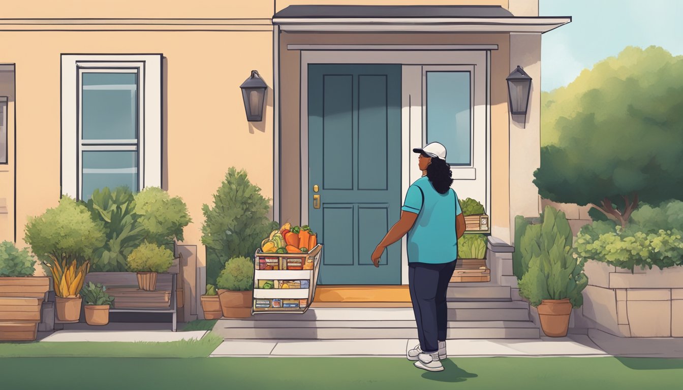 A delivery person dropping off fresh food at a doorstep in San Antonio, with the recipient staying indoors due to the stay-at-home order