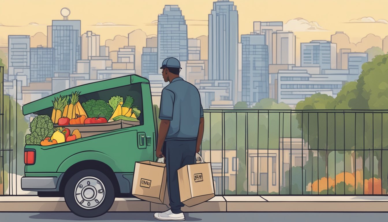 A delivery person dropping off a box of fresh produce at a doorstep in San Antonio, with a city skyline in the background