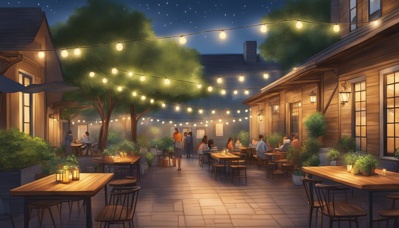 A cozy outdoor patio with string lights, wooden tables, and lush greenery, surrounded by the warm, bustling atmosphere of The Rustic, Houston