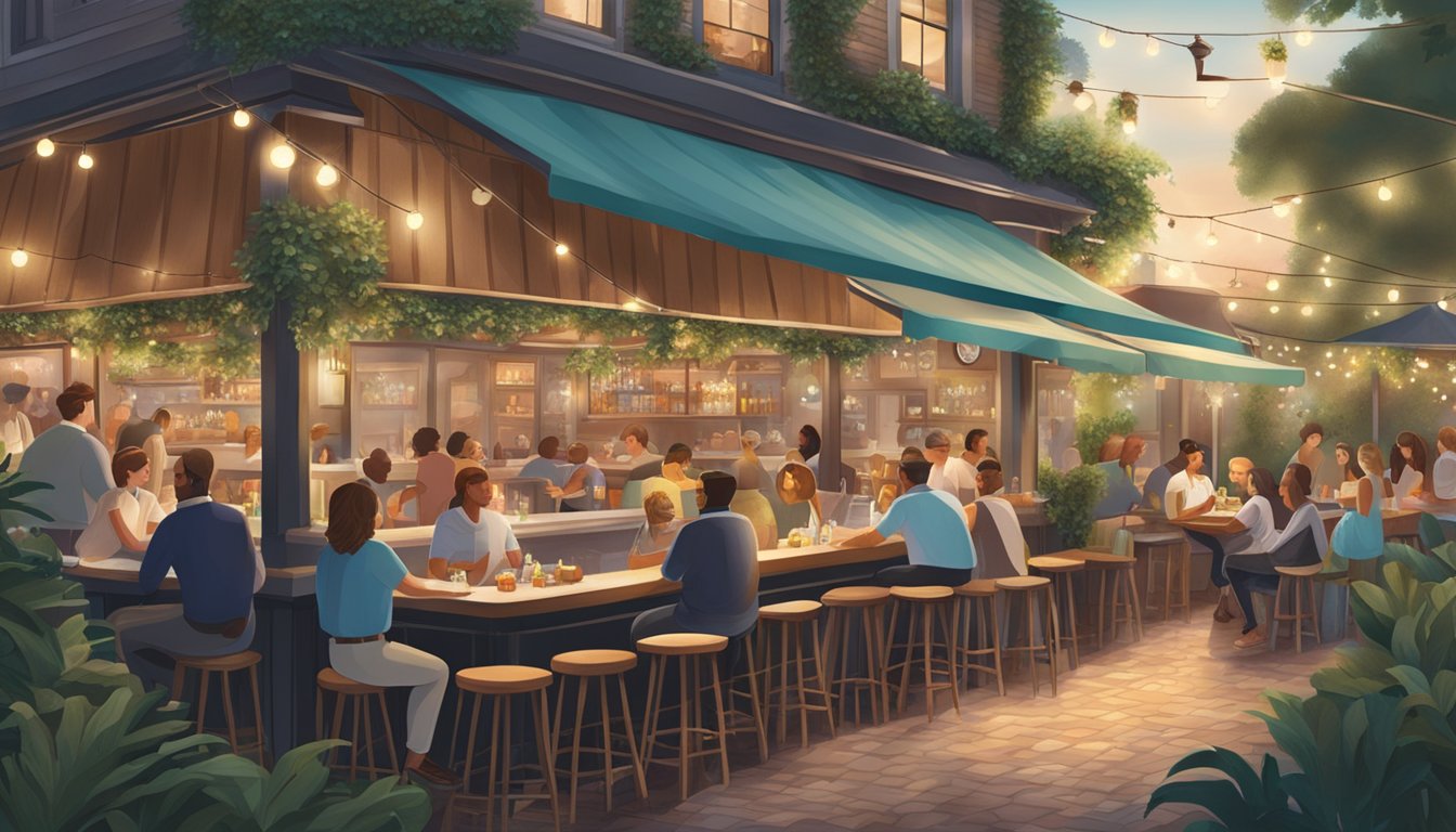 A bustling seafood and oyster bar with outdoor seating, surrounded by lush greenery and twinkling string lights