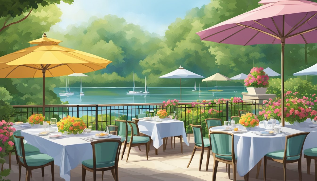 A sunny patio with colorful umbrellas, surrounded by lush greenery and overlooking a serene lake. Tables are set with elegant place settings, ready for a delightful al fresco dining experience