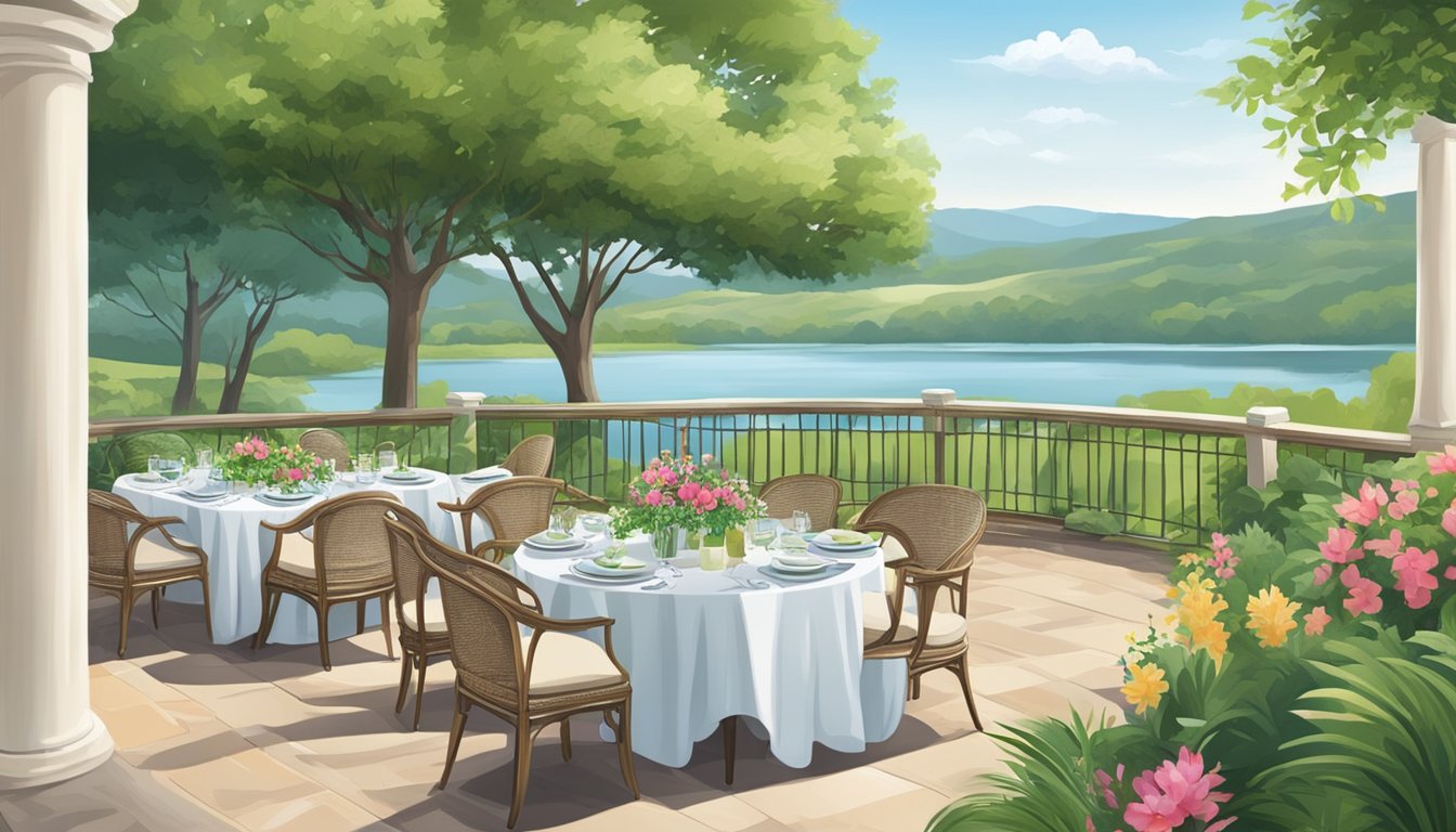 A scenic outdoor patio with lush greenery and elegant table settings, overlooking a serene lake or rolling hills in Texas