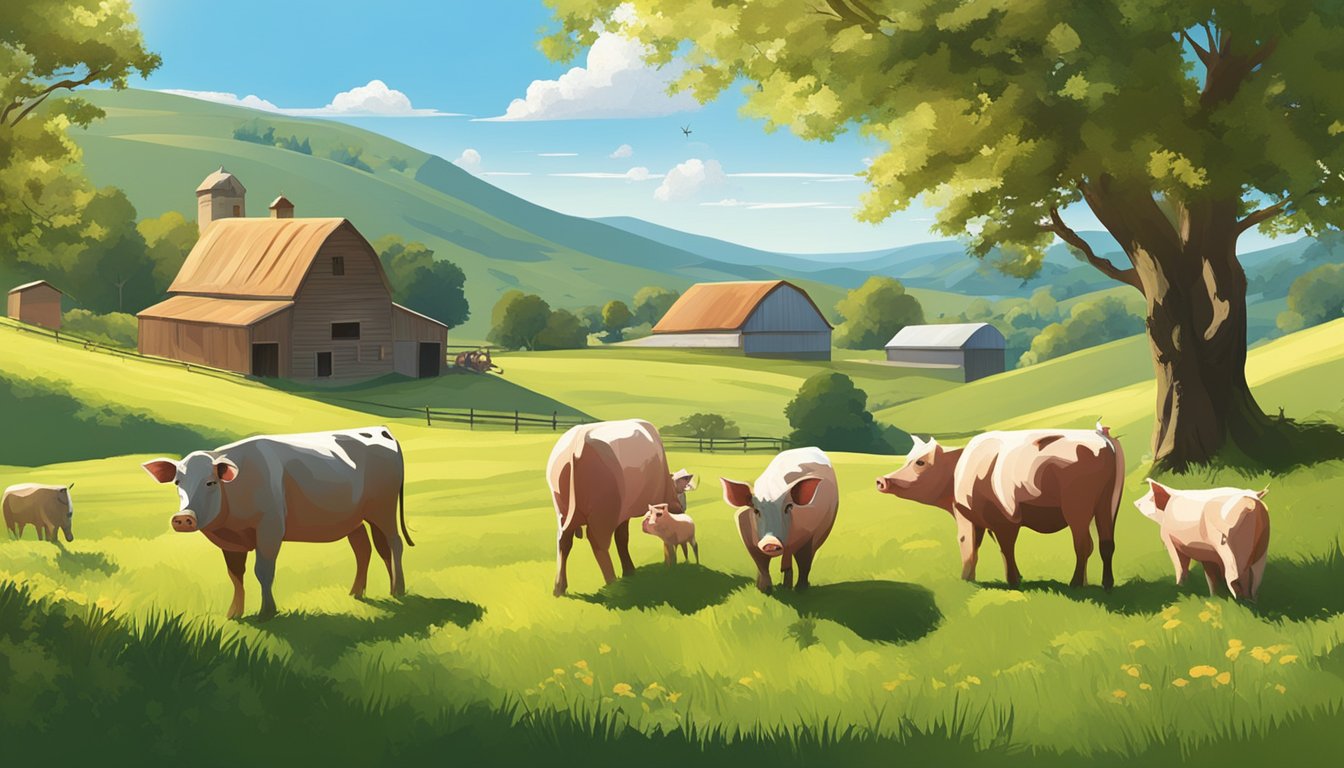 A sunny farm with grazing cattle and pigs, surrounded by rolling hills and a clear blue sky