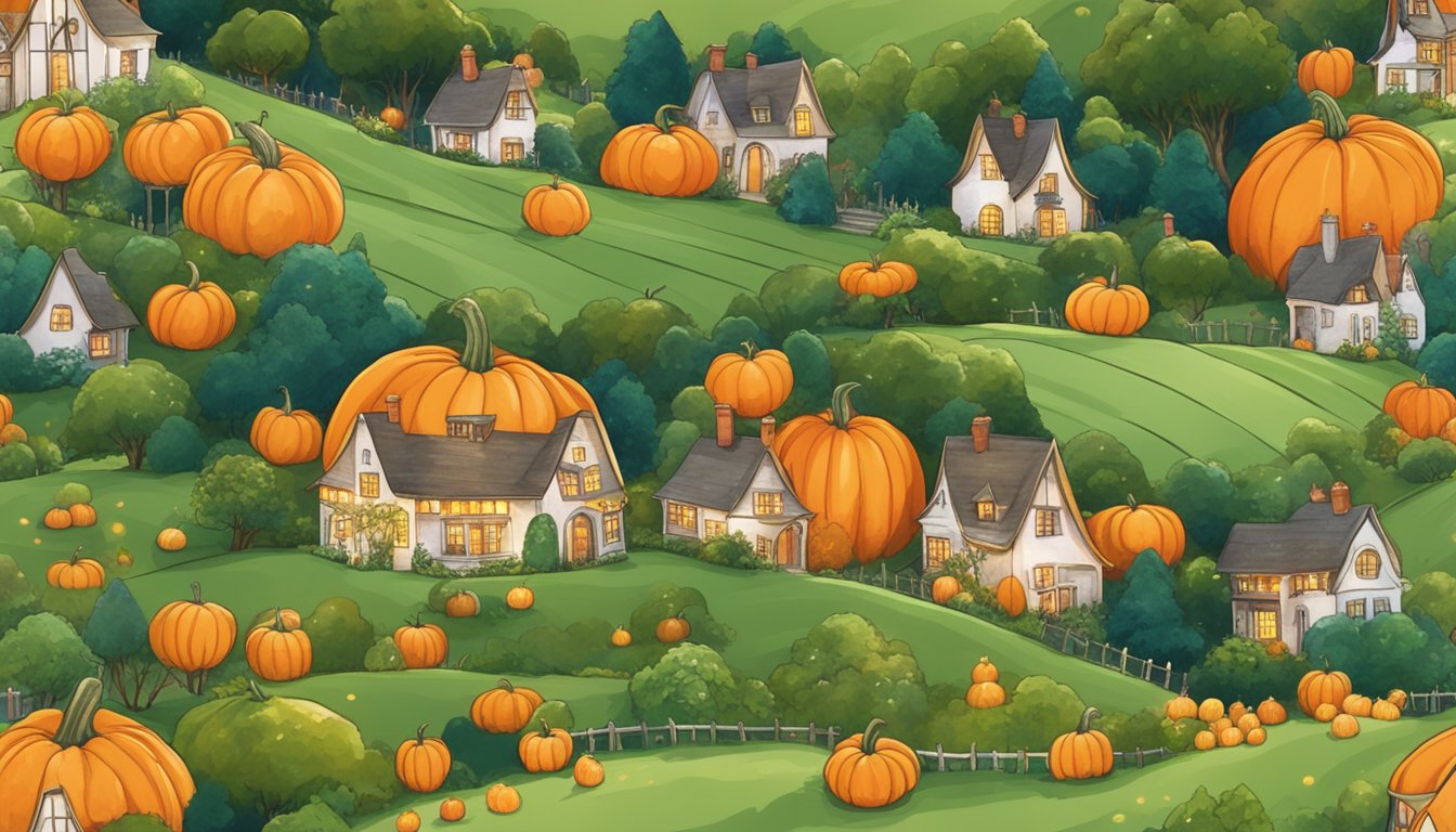 Lush green fields filled with vibrant orange pumpkins, surrounded by quaint elf houses and twinkling fairy lights