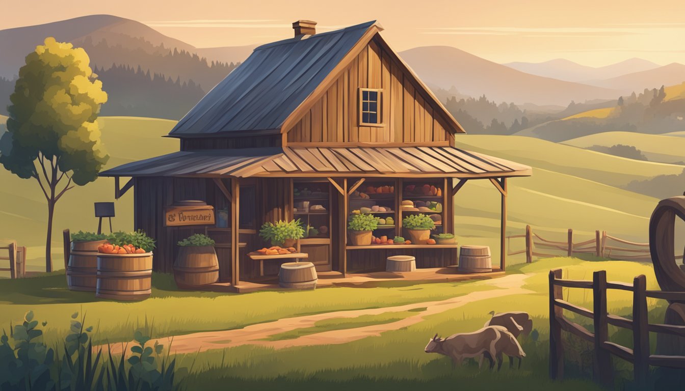 A rustic butcher shop with a wooden sign, surrounded by rolling hills and grazing cattle