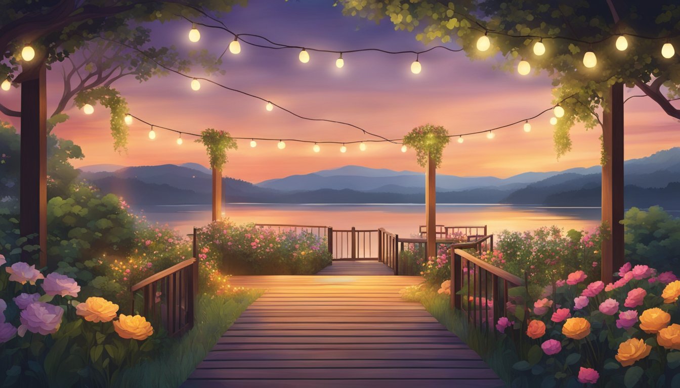 A rustic wooden patio with string lights, surrounded by lush greenery and colorful flowers, overlooking a serene lake at sunset