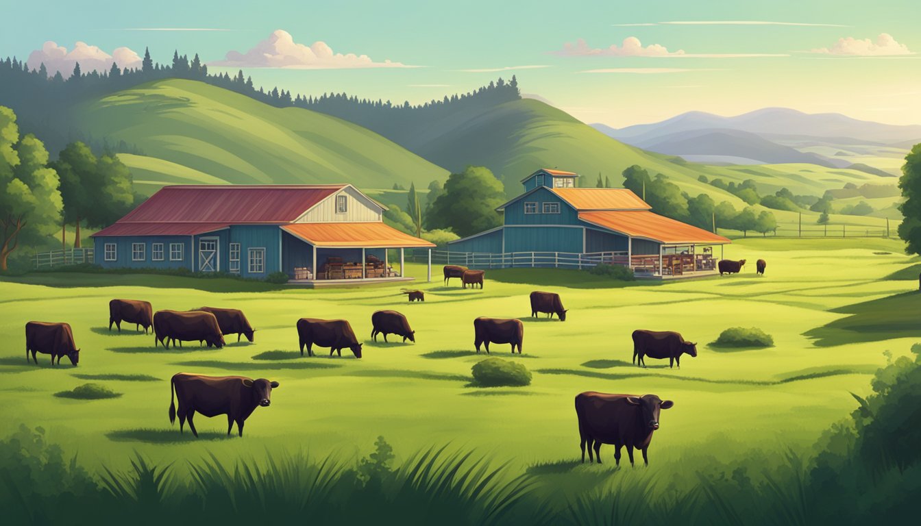 A peaceful ranch with grazing Wagyu cattle, surrounded by lush green grass and rolling hills, with a butcher shop in the distance