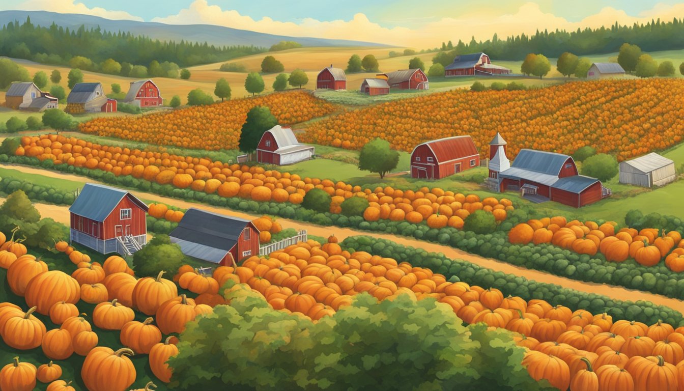 Vibrant pumpkin patches sprawl across the rolling fields of Evergreen Farms, each bursting with ripe, plump gourds under the warm Texas sun