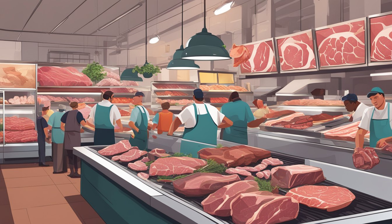 A bustling meat market with a variety of cuts on display, including grass-fed beef and other meats. Butchers are seen working behind the counter