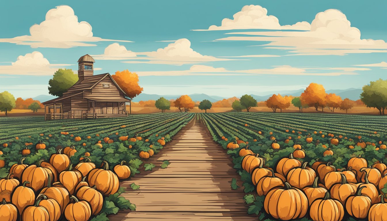 A rustic Texas pumpkin patch with rows of vibrant pumpkins, a wooden sign, and a clear blue sky