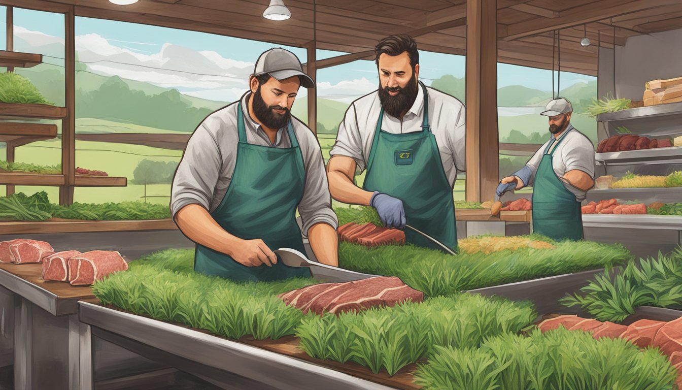 Butchers cutting grass-fed beef at Bountiful Sprout Co-op in San Antonio