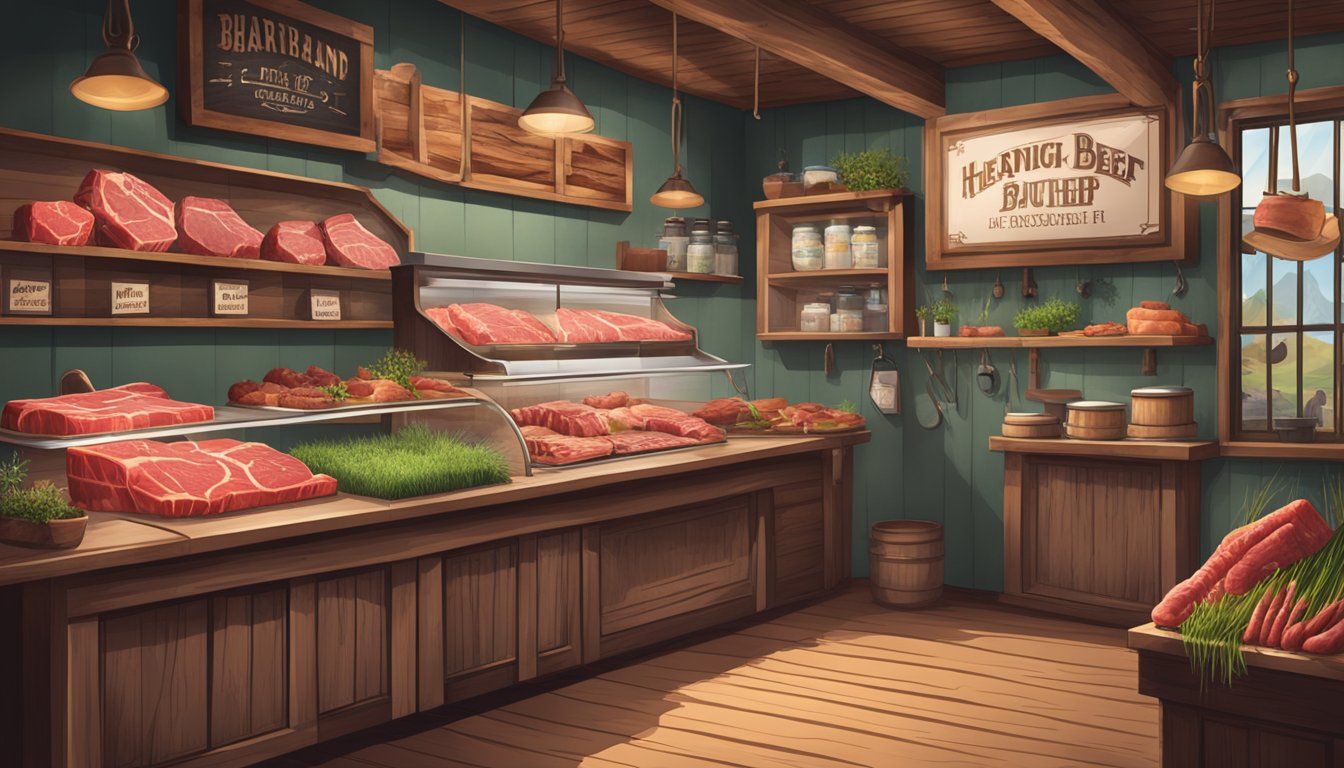 A rustic butcher shop with hanging cuts of grass-fed beef and a display of various meat products. A HeartBrand Beef sign is prominently displayed