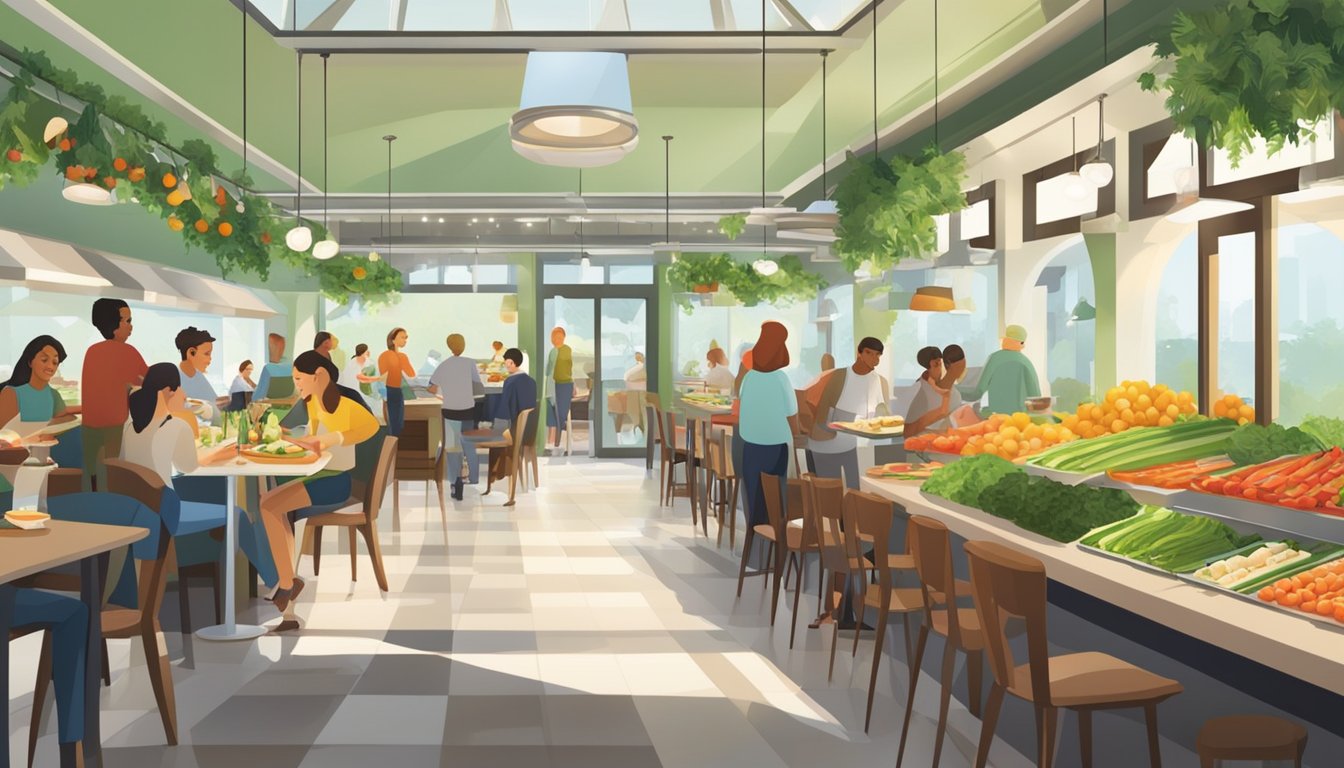 A bustling restaurant with fresh produce on display, diners enjoying vibrant salads and sandwiches, and a welcoming atmosphere with natural light and green accents