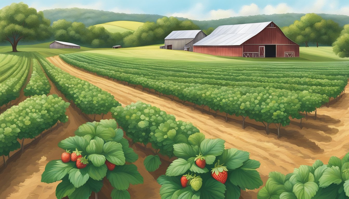 Rolling hills, rows of strawberry plants, a rustic barn, and a sunny Texas sky at Hill Country Berry Farm