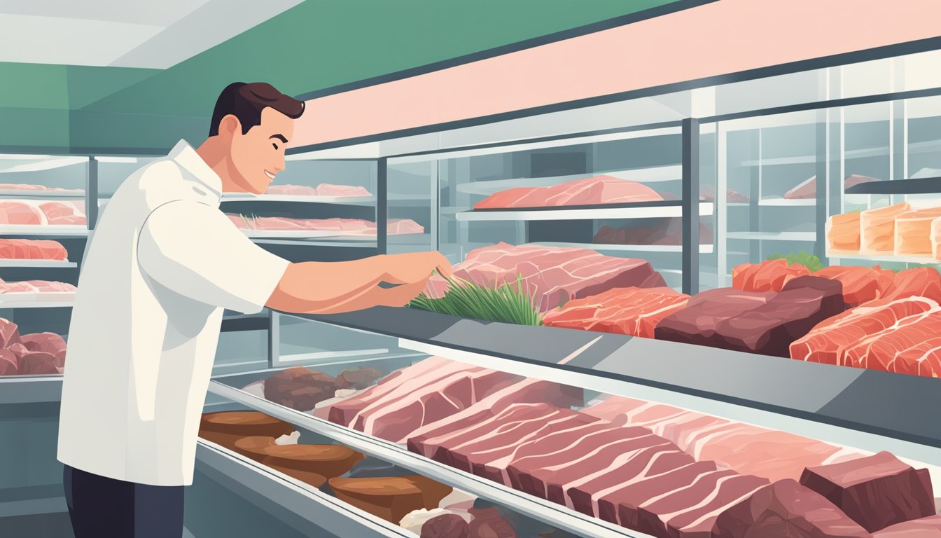 A butcher selecting cuts of grass-fed beef from a display case in a clean, well-lit shop