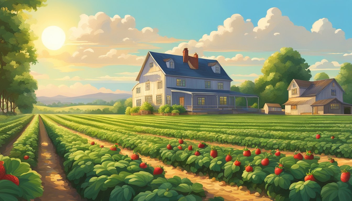 Lush green fields of strawberries stretching to the horizon, with a quaint farmhouse nestled among the rows. A bright blue sky and the warm sun shining down on the Wild Berry Farm