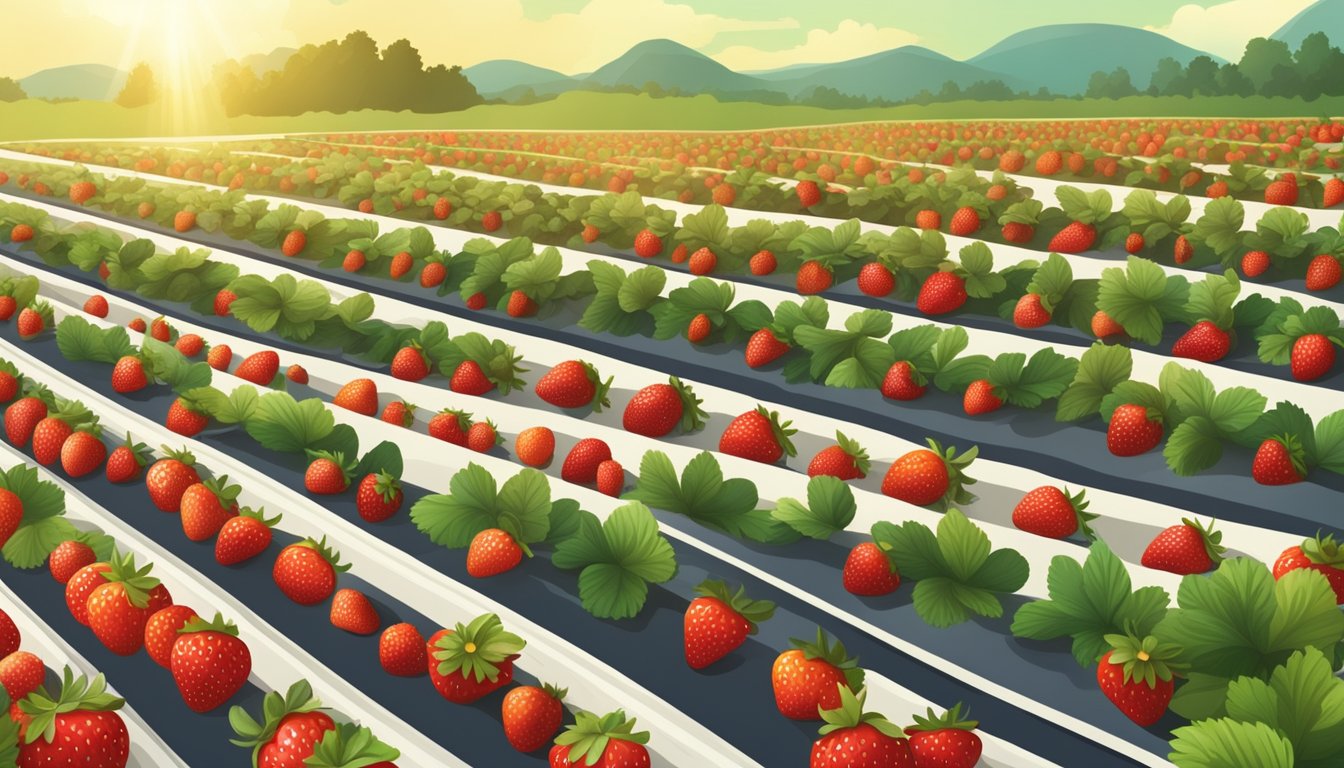 A picturesque Texan strawberry farm with rows of vibrant, ripe strawberries under the warm spring sun