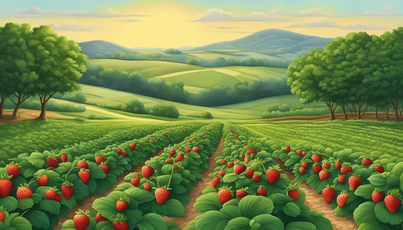 Lush strawberry fields at Jenkins Farms, Bonham, Texas, with vibrant red berries and rolling green hills in the background