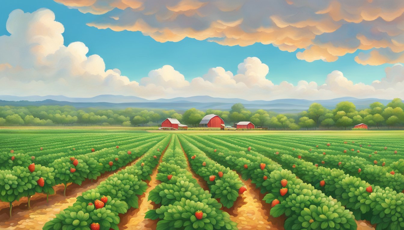 Vibrant fields of ripe strawberries stretch across the Texan landscape, with farmers tending to the sweet fruit under the warm spring sun