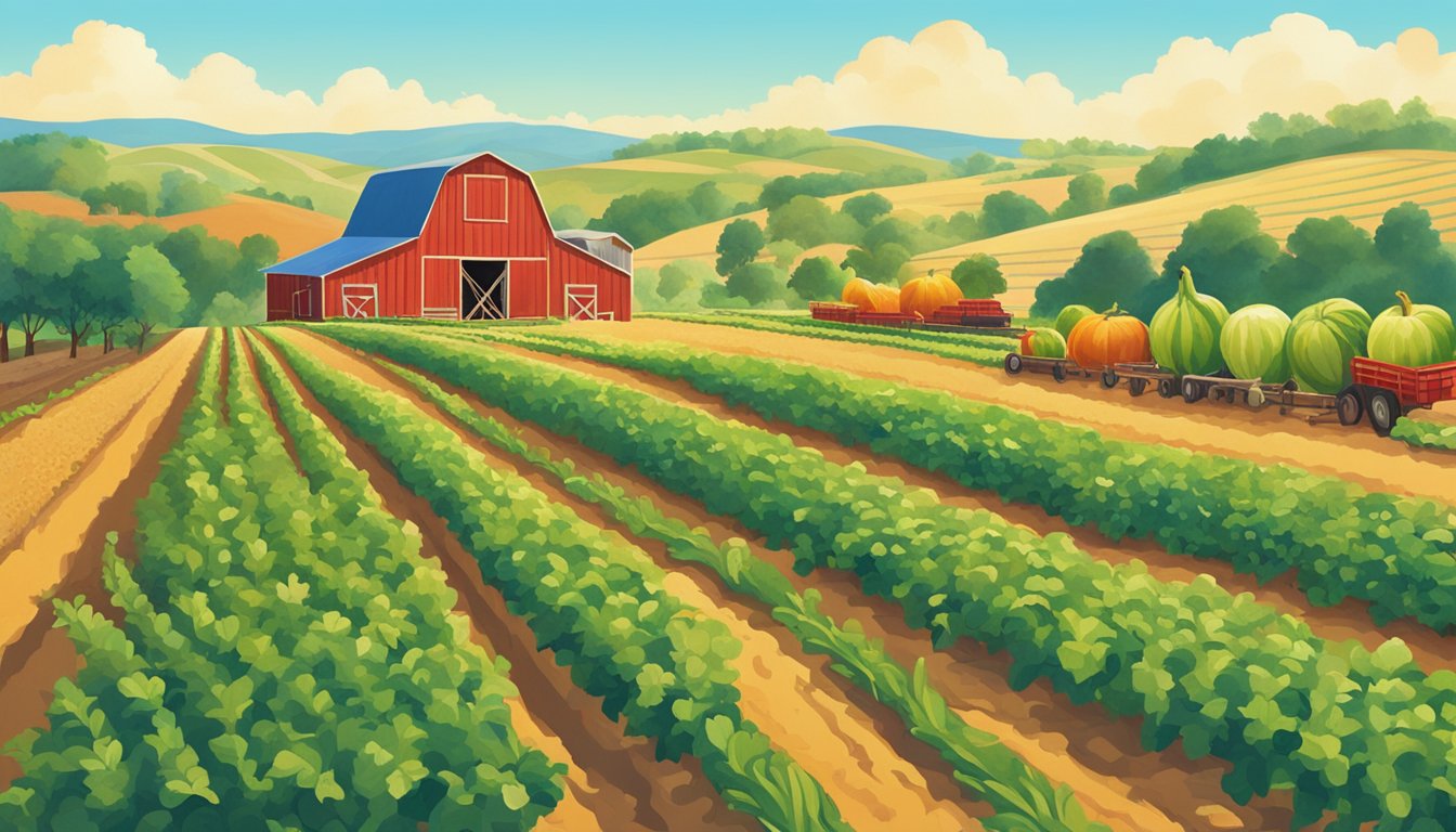 A sunny Texas farm with rows of ripe fruit and vegetables, surrounded by rolling hills and a clear blue sky