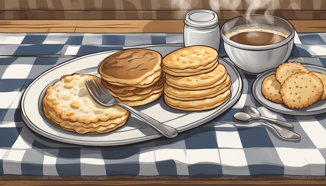 A rustic Texas diner with a steaming plate of biscuits and gravy on a checkered tablecloth