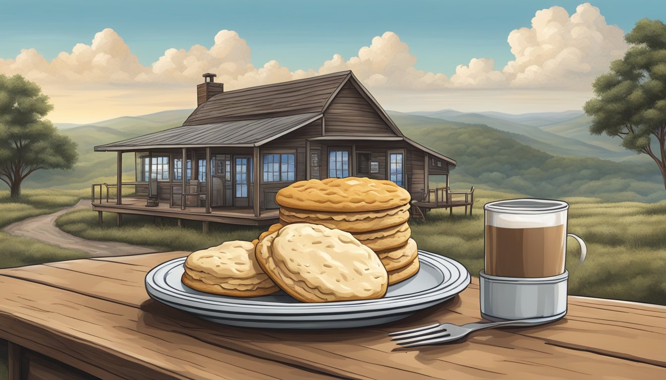 A rustic diner with a plate of biscuits and gravy, set against a Texas backdrop of rolling hills and big skies