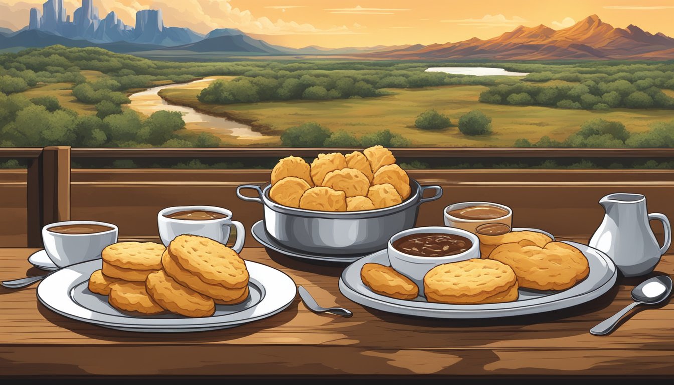 A table set with a plate of flaky biscuits smothered in rich, savory gravy, surrounded by the iconic Texas landscape