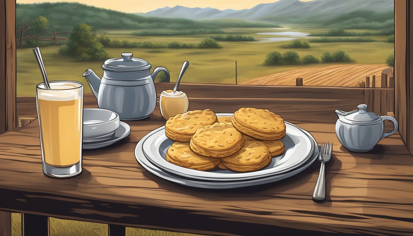 A rustic diner table set with a plate of flaky biscuits smothered in creamy gravy, surrounded by Texan scenery