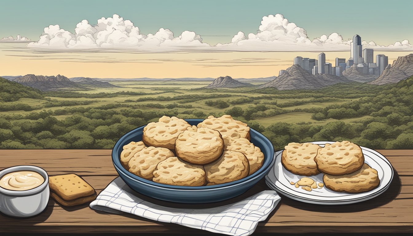 A steaming plate of biscuits and gravy sits on a rustic table, surrounded by Texas landscapes and landmarks