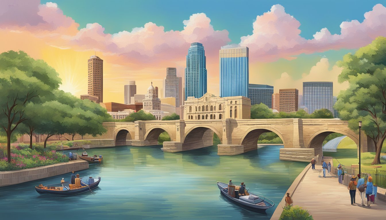 A vibrant scene of iconic Texas landmarks, including the Alamo, the San Antonio River Walk, and the towering skyline of Houston